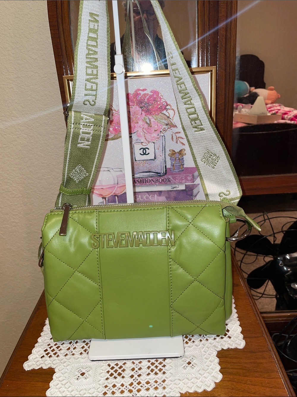 Steve Madden Green Quilted Crossbody with Branded Strap